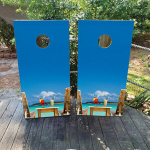 Beach Chair with Drinks Cornhole set.