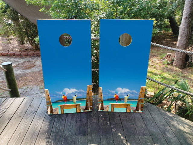 Beach Chair with Drinks Cornhole set.