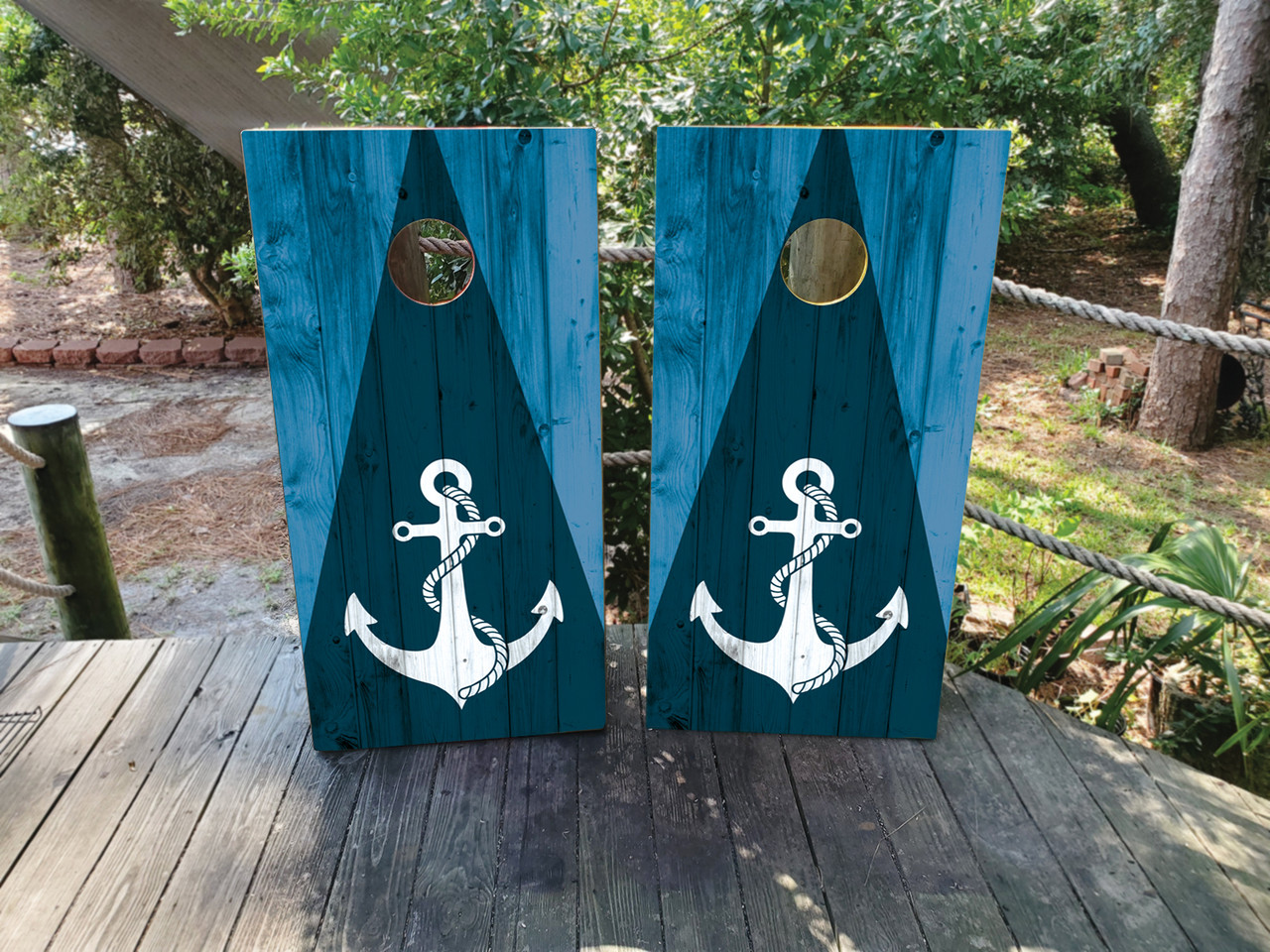 Blue Woodgrain Anchor Cornhole Set