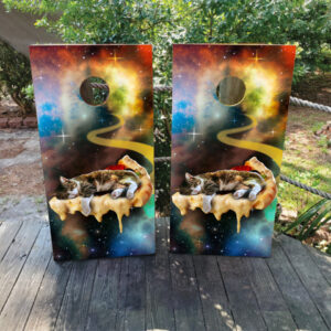 Cat Surfing on Pizza in the Galaxy Cornhole Set