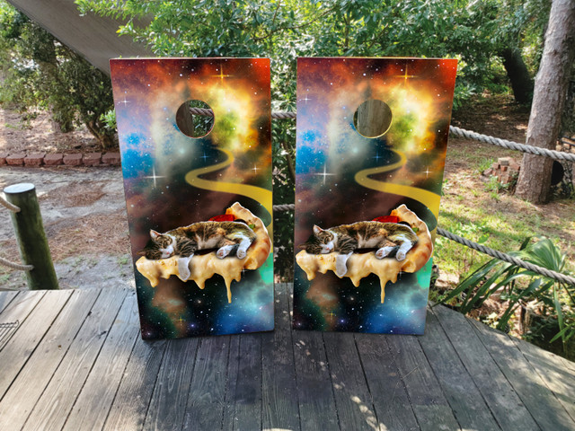 Cat Surfing on Pizza in the Galaxy Cornhole Set