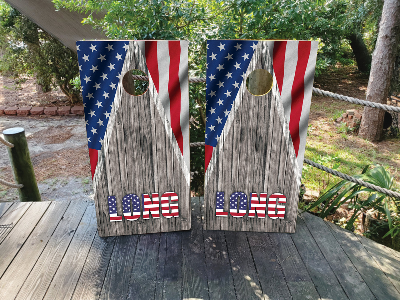 CUSTOM Gray Wood Grain USA / American Flag Cornhole Boards