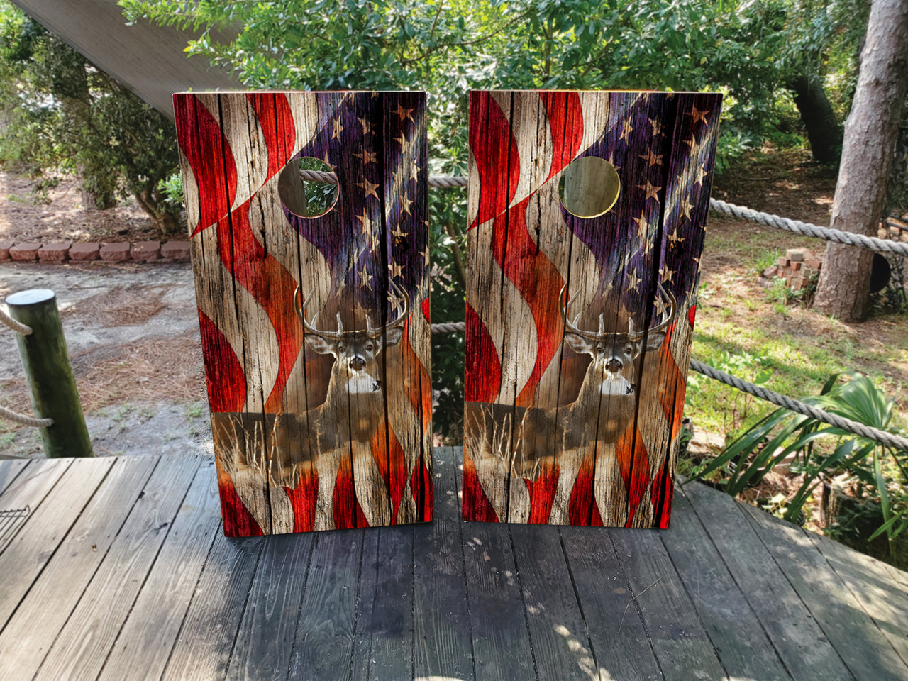 USA Flag Deer Hunter Cornhole Set - Design 6