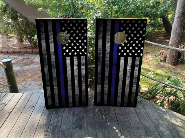 Distressed Thin Blue Line Police Flag Cornhole Set - Design 1