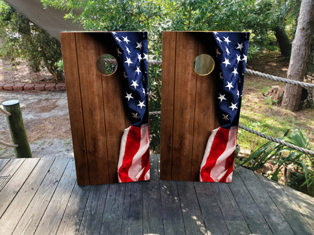 USA / American Flag Draped on Wood Cornhole Set