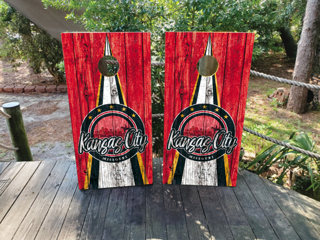 Kansas City Sports Colors Cornhole Boards - Design 2 (Wood Grain)