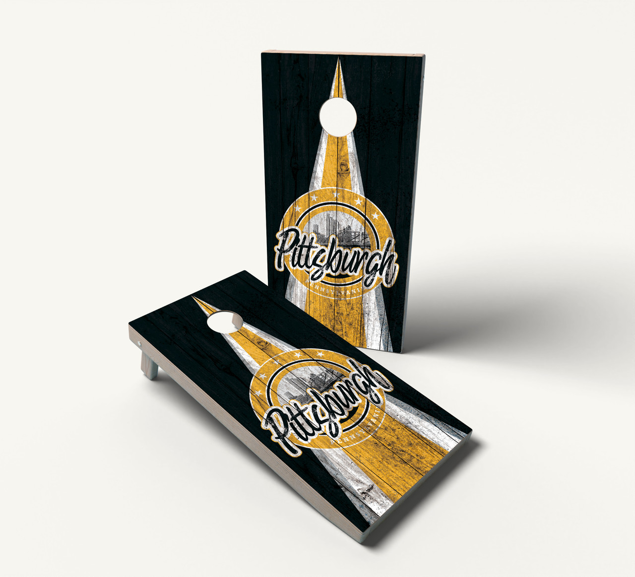 Pittsburgh Sports Colors Cornhole Boards - Design 2 (Wood Grain)