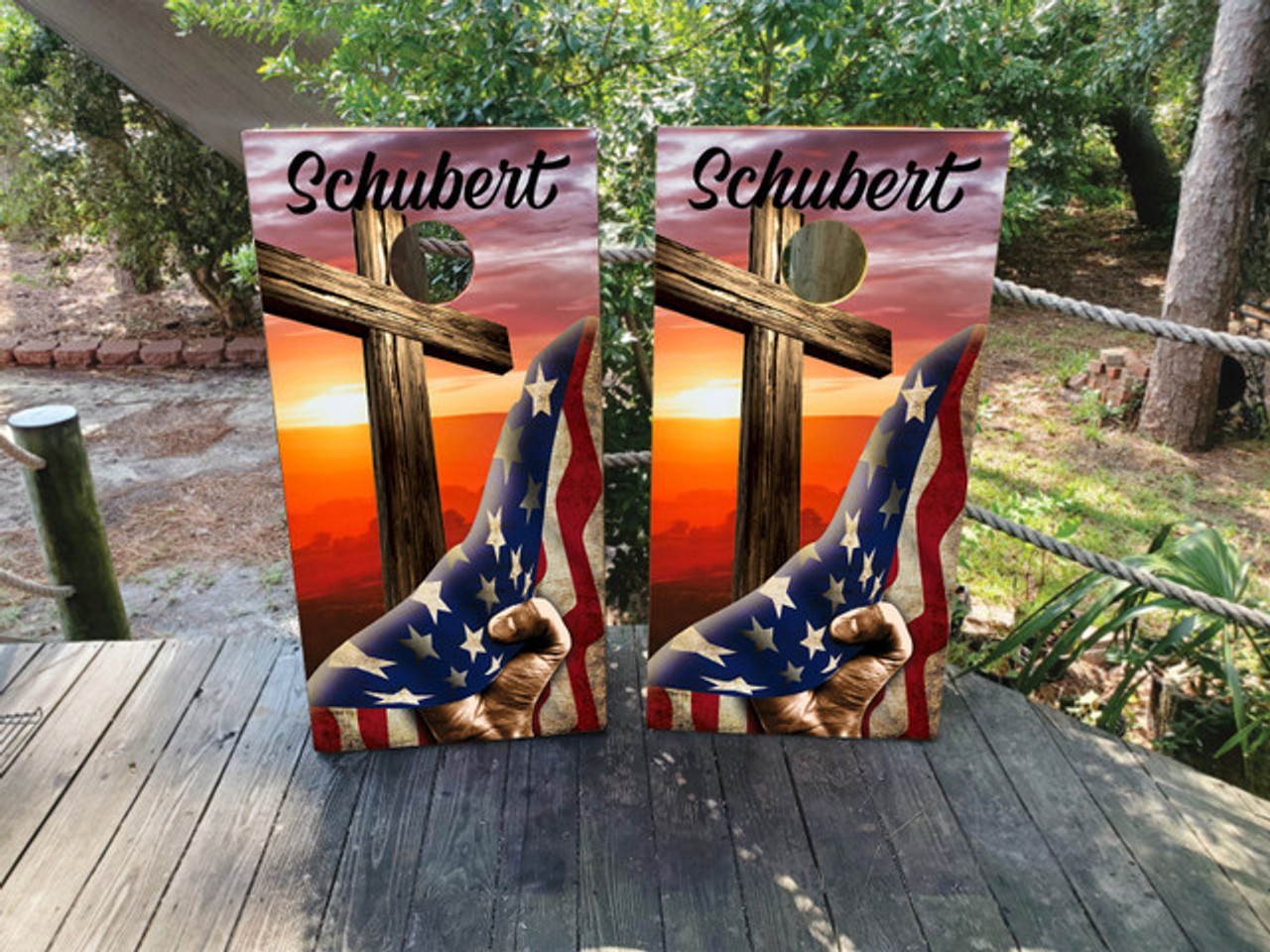 CUSTOM USA Flag / Sunset Cross Cornhole Boards