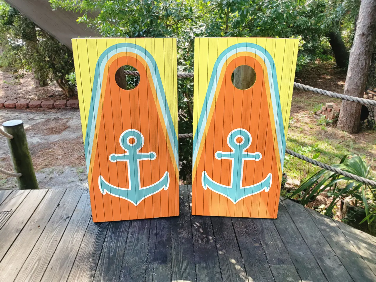 Yellow and Orange Anchor Cornhole Boards