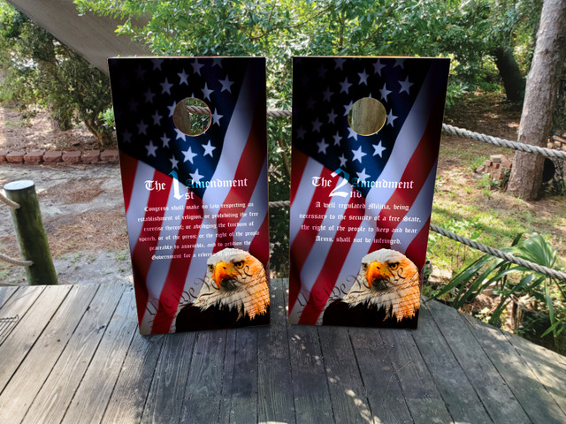 1st and 2nd Amendment Bald Eagle USA Flag Cornhole Wraps - Design 2