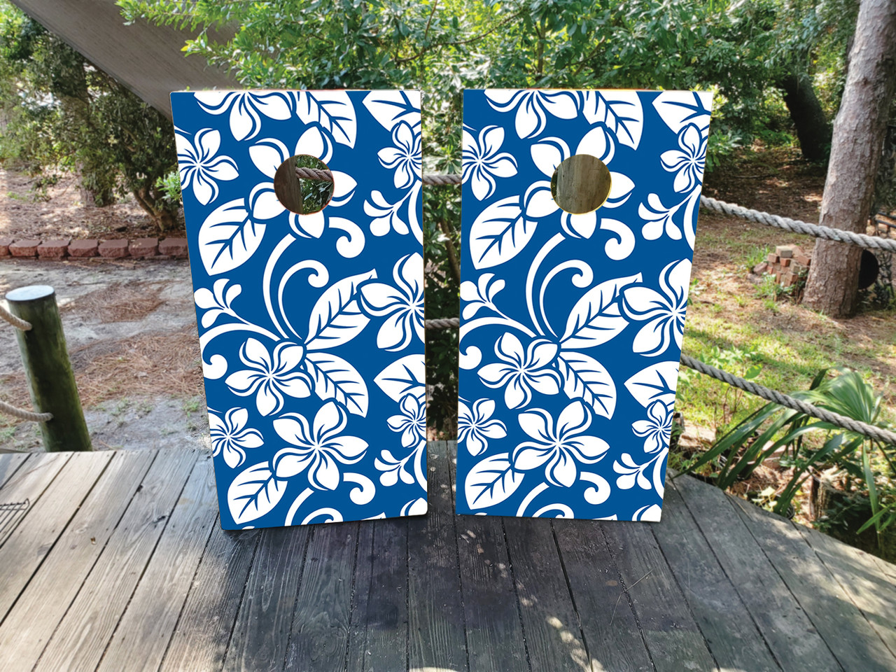 Blue and White Flower Tiki Cornhole Boards