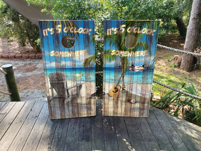 Distressed Beach Scene with Plane and Guitar Cornhole Boards