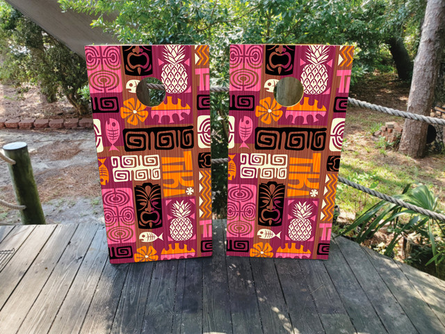 Pink and Orange Tiki Cornhole Boards