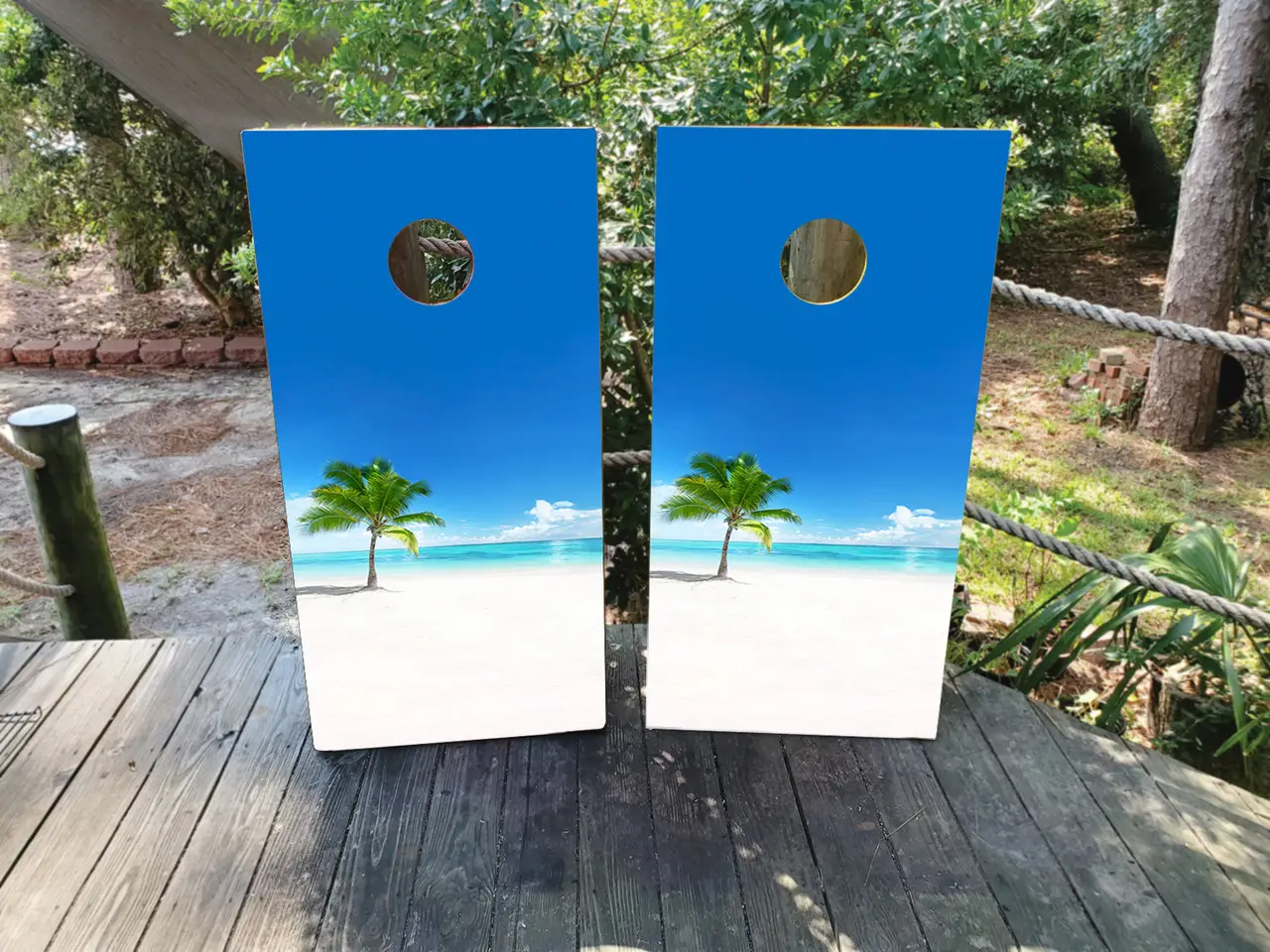 White Sand and Palm Tree Cornhole Boards